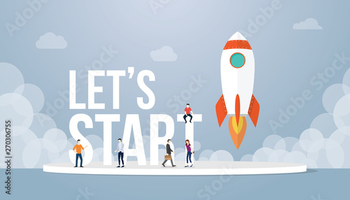 lets start big words concept with team people and rocket startup launch business with team people and smoke with modern flat style - vector
