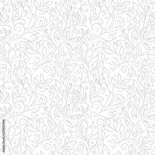 Classic floral vector seamless pattern. Hand drawn gray contours of abstract flowers and leaves on white background. Ornate template for design, textile, wallpaper, clothing, ceramics.