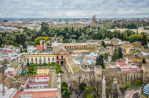 Aerial view of the Royal Alcazar of Seville and its gardens