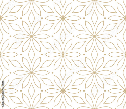 Modern simple geometric vector seamless pattern with gold flowers, line texture on white background. Light abstract floral wallpaper, bright tile ornament