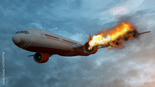Flying aircraft with exploding aero engine just before air crash. 3D illustration