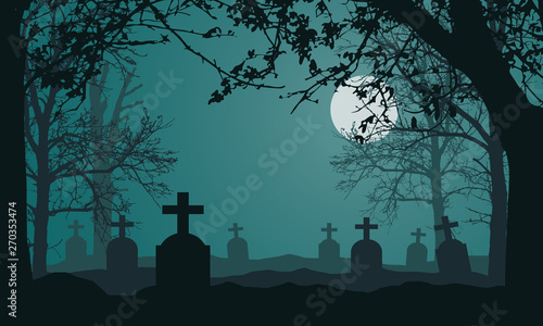 Realistic illustration of spooky landscape and forest with dead and dry trees, cemetery with tombstones and full moon on night green sky. Suitable as a card for Halloween, vector