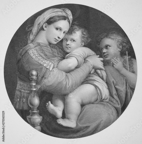 The Madonna della seggiola or Madonna della sedia by Raphael Sanzio in a vintage book Rafael's Madonnen, by A. Gutbier, 1881, Dresden.