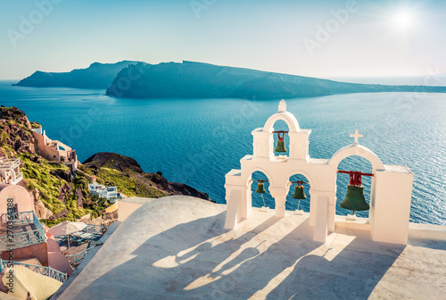 Incredible morning view of Santorini island. Picturesque spring scene of the famous Greek resort - Fira, Greece, Europe. Traveling concept background.