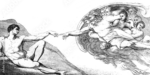 The creation of Adam by Michelangelo in the vintage book the History of Arts by Gnedych P.P., 1885