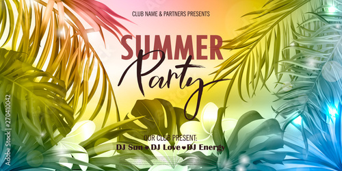 Summer Party banner.Beautiful Background with tropical leaves. Vector illustration for invitation,website , posters,ads, coupons, promotional material.