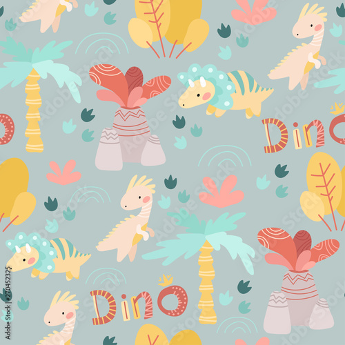 seamless pattern. drawing hands of cute dinosaurs, plants, flowers, nature. Prehistoric period. Vector illustration. For kids fabric, textile, wallpaper