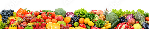 Fruits and vegetables isolated on white. Wide panoramic photo for title.