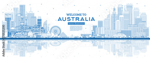 Outline Welcome to Australia Skyline with Blue Buildings and Reflections.