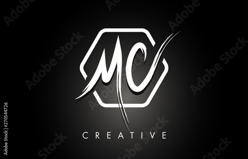 MC M C Brushed Letter Logo Design with Creative Brush Lettering Texture and Hexagonal Shape