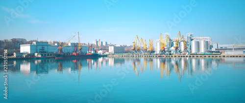 Panoramic skyline view of the seaport with elevator equipment. Industrial port on the black sea