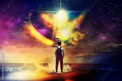 Man standing on the heaven and divine gate to the other world, multi universe theory, time traveler.