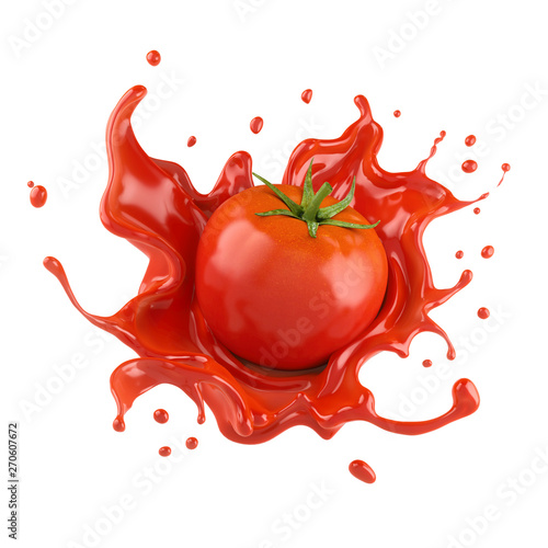 Red tomato with juice or ketchup splash isolated on white background,3d rendering.