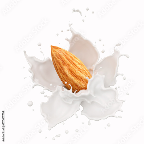 almond seed with white milk splash into flower shape,3d rendering.