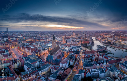 Wrocław evening panorama aerial view