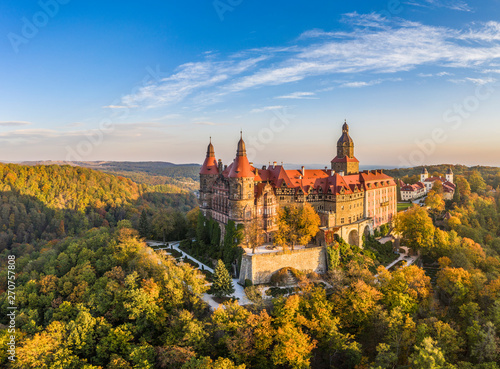 Zamek Książ at sunrise autumn colours