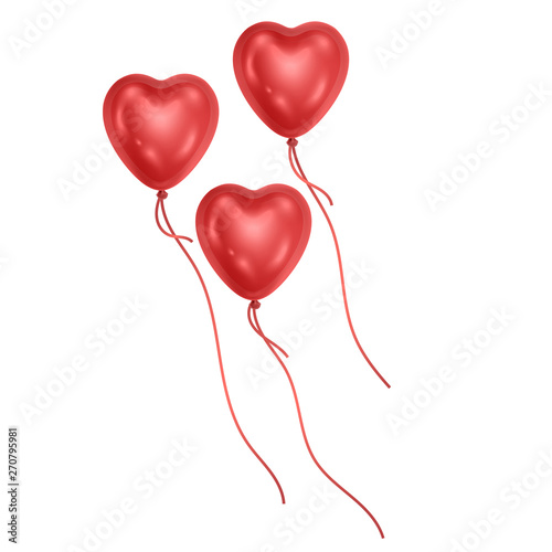 Set of red heart shaped balloons, balloons on white background, realistic vector illustration, Party decorations for birthday or Valentine's Day