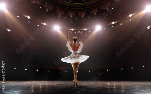 Ballet. Classical ballet performed by a couple of ballet dancers on the stage of the opera house.