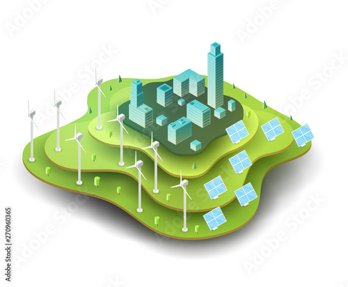 Wind turbines and solar panels on green island with with city houses and skyscraper. Concept of alternative ecology energy sources. Flat 3d isometric cartoon composition. Abstract illustration.