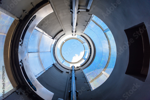 Looking directly up from the circular elevator shaft of the Visitors' Centre, Citadel, Victoria, Gozo, Malta.