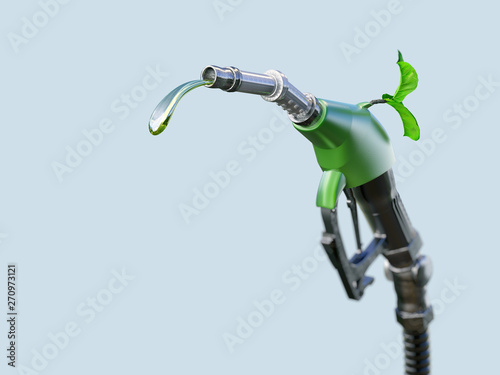 Gas or diesel pump nozzle with gasoline or biofuel drop and growing green sprout symbolising environmental friendliness, isolated. Ecological gas diesel biofuel concept. 3D illustration