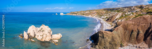 Cyprus Paphos island. Aphrodite bay panorama view. Aphrodite's rocks. Petra-Tu-Romiou. Mediterranean sea. The rocks in the sea. Paphos. Kouklia. Panorama with drone. Panorama of the Republic of Cyprus