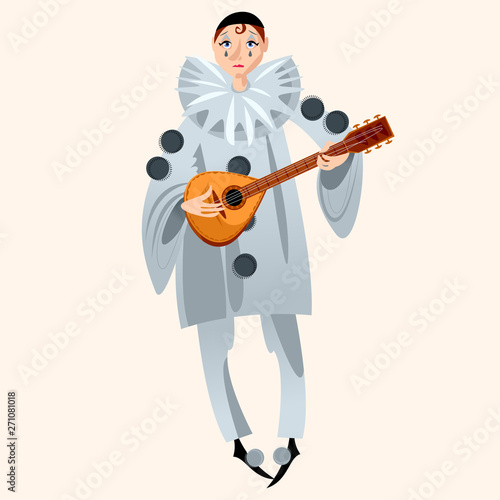 Pierrot playing mandolin. Сharacter of the Italian commedia dell’arte.