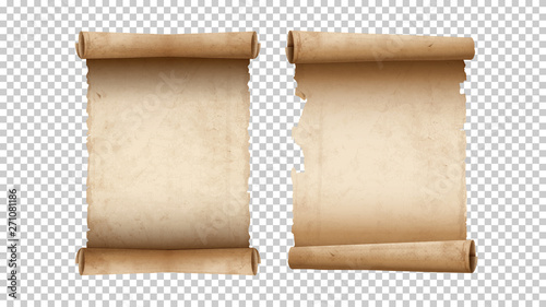 Old paper aged blank scrolls, two old parchments isolated