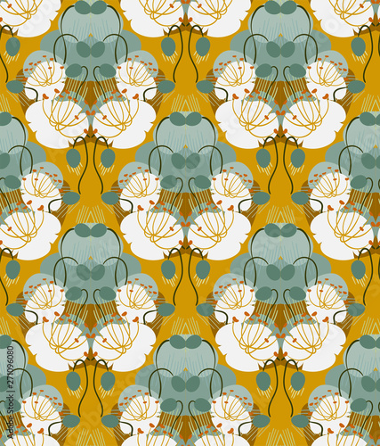 ocher poppies seamless pattern vector floral design primitive scandinavian