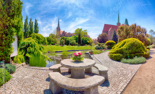WROCLAW, POLAND - MAY 30, 2019: Botanical Garden in Wroclaw, Poland. The garden was built from 1811 to 1816 on the Cathedral Island (Ostrow Tumski), the oldest part of the city.
