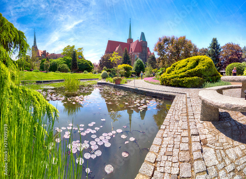 WROCLAW, POLAND - MAY 30, 2019: Botanical Garden in Wroclaw, Poland. The garden was built from 1811 to 1816 on the Cathedral Island (Ostrow Tumski), the oldest part of the city.