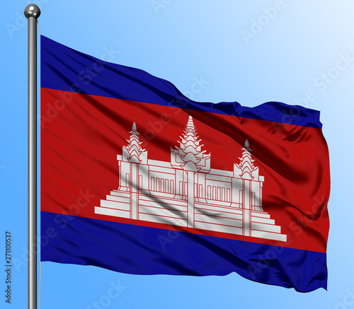 Cambodia flag waving in the deep blue sky background. Isolated national flag. Macro view shot.