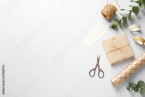 Flat lay composition with scissors on grey background. Space for text