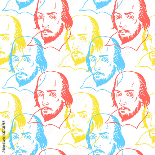Hand drawn William Shakespeare portrait seamless repeat vector pattern. Literary, classical british theatre, english book, education background. Bright colorful texture.
