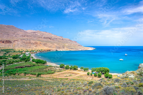 The peaceful village of Kato Zakros at the eastern part of the island of Crete with beach and tamarisks, Greece