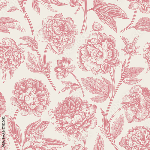 Seamless pattern. Classic peonies. Vector botanical illustration. Coral color