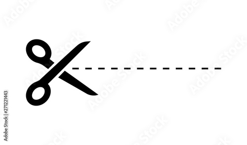 Dark Scissors icon on white background. Scissors icon with cut line