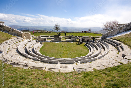 Pietrabbondante, Isernia, Molise, Italy - june 3 2019: Samnite theater. Archaeological area of the theater and Italic temple of Pietrabbondante.