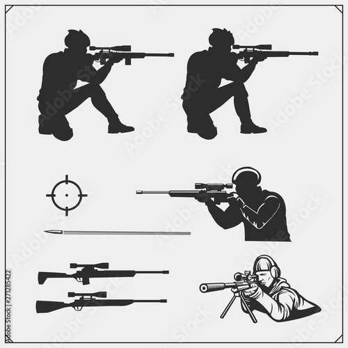 Sniper emblems for sport team. Sniper club labels and design elements. Print design for t-shirt.