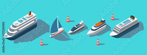 Isometric ferries, yachts, boats, passenger ships vector set. Illustration of ship ferry and boat, sea transport passenger