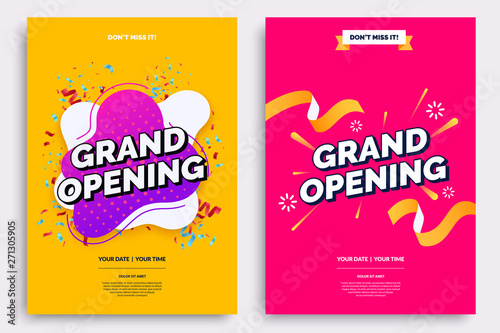 Grand opening invitationt template. Colorful creativity design with bold text, bright background and a burst of confetti. Ribbon cutting ceremony. Vector illustration.