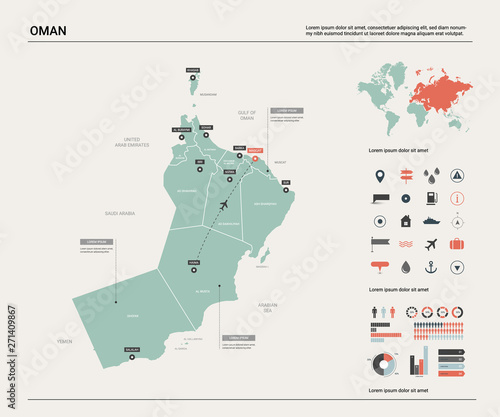 Vector map of Oman. Country map with division, cities and capital Muscat. Political map, world map, infographic elements.