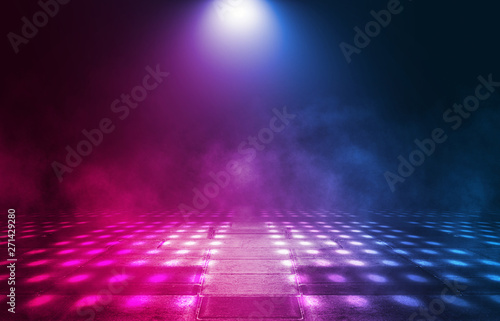 Empty background scene. Dark room, neon blue and pink figures in the dark, smoke. Abstract dark background.