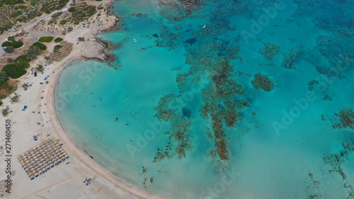 Aerial drone panoramic view photo of famous exotic paradise sandy deep turquoise beach of Elafonissi in South West Crete island, Greece