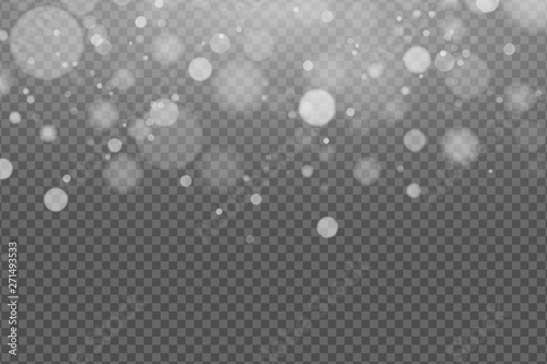 Light effect of white glares bokeh isolated on transparent background. Bright glow. Realistic glitters. Falling snowflakes effect. Random blurry spots. Vector illustration