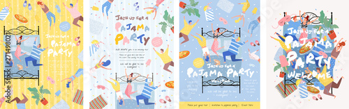 Pajama party! Vector poster, cover or banner for a fun event. Painted illustration of people in pajamas on the bed in the bedroom, party invitation.
