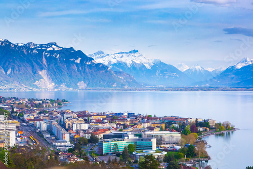 Panorama of Montreux city, Lake Geneva and amazing mountains in Switzerland