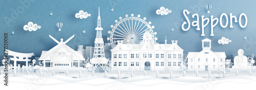 Panorama view of Sapporo city skyline with world famous landmarks of Japan in paper cut style vector illustration.