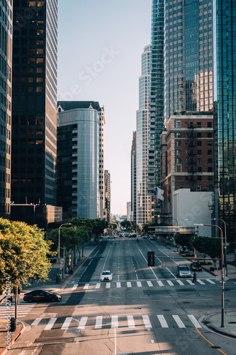 Cityscape view of a street and modern buildings in downtown Los Angeles, California