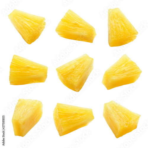 Canned pineapple chunks. Pineapple slices isolated. Set of pineapple chunks. Clipping path.